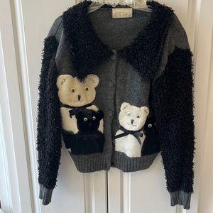 Cache cardigan sweater with teddy bear faces on front